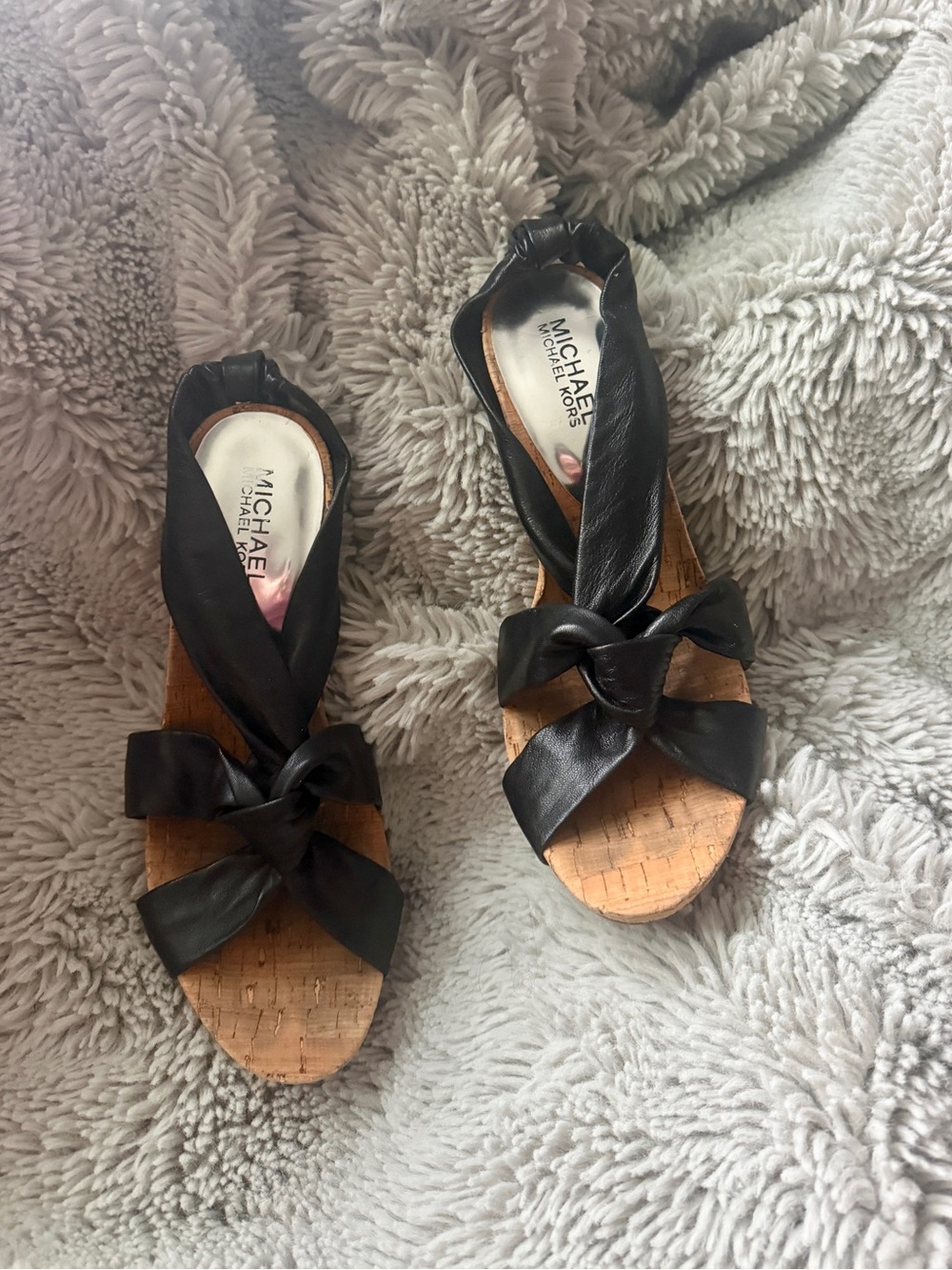 MICHAEL Michael Kors Black Leather Knot Cork Wedge Sandals
